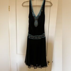 Vintage Vera Cristina Turquoise Beaded black silk drop waist dress size 6